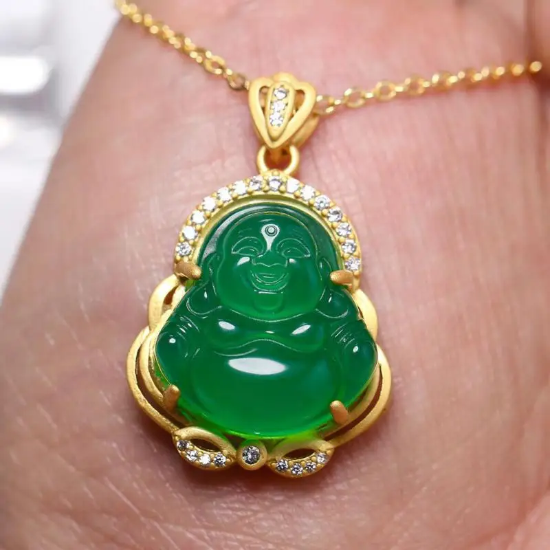 

Natural Green Chalcedony Buddha Jade Pendant With Zircon Maitreya Laughing Buddha Fengshui Necklace Women Fashion Charms Jewelry