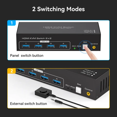 KVM-переключатель HDMI 2.1 8K при 60 Гц 2 компьютера 2 монитора Поддержка HDCP2.2 USB3.0 Устройство Электронная общая компьютерная клавиатура Мышь