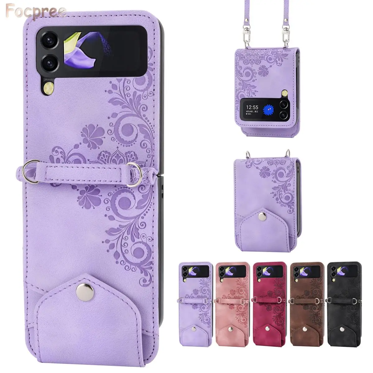 

Wallet Cards Solt Leather Case For Samsung Galaxy Z Flip 4 Crossbody Lanyard Flip4 Flip 3 5G Card Holder Phone Case Cover