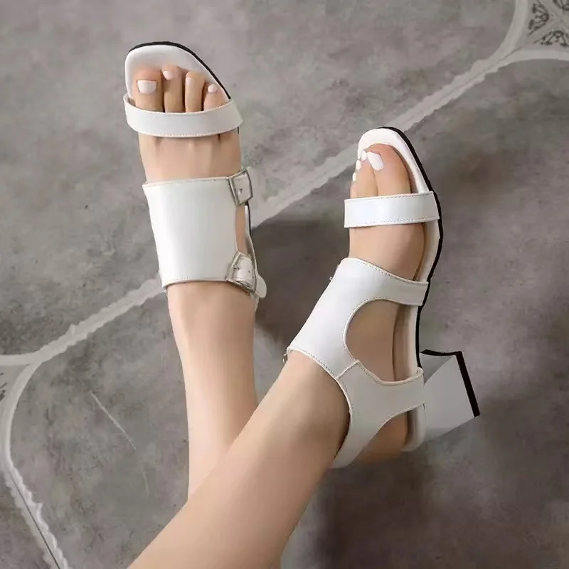 

Women Shoes 2022 Summer New Fashion Open Toe Modern Roma Sandals Med Trick Heels Black White Yellow Footwear