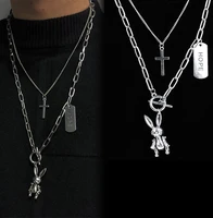 rabbit cross metal pendant multi layer necklace punk long o chain necklace unisex jewelry kpop men women necklace ornaments