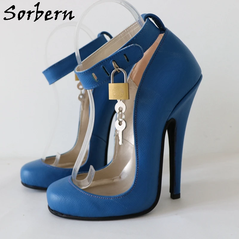 Sorbern Retro Burlesque Showgirl Pump Shoe Sissy Boy Ankle Locks with Key Round Toe Real Leather 16cm High Heel Shoe