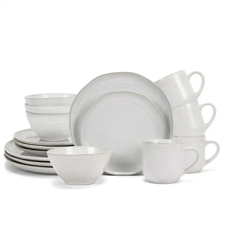 

Glaze Ceramic Stoneware Dinnerware 16 Piece Set - Service for 4, Classic White Plastic plates reusable Fork Butter dish White pl