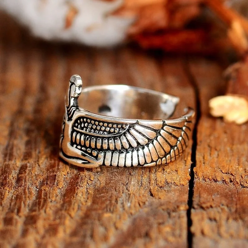 Silver Color Egyptian Ring Isis Goddess Kneeling with Spread Wings Ring for Women Trendy Party 2022 New Anniversary Jewelry Gift images - 6