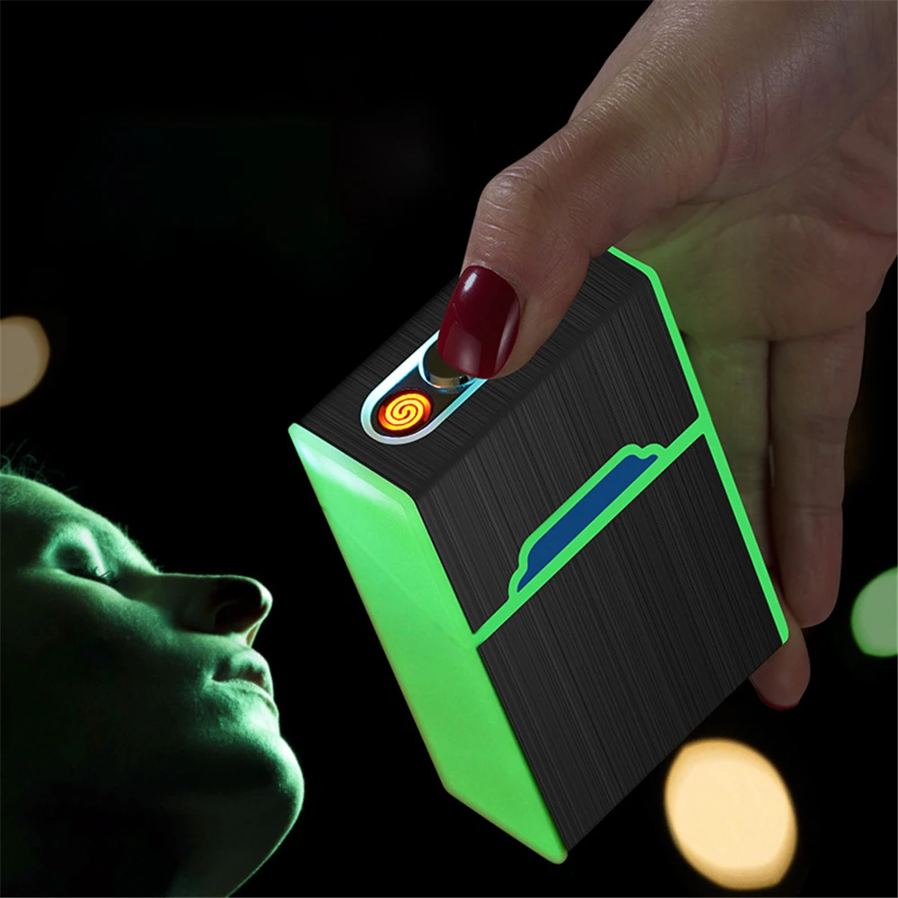 

Luminous Cigarette Case With USB Lighter Hold 20pcs 84mm Cigarette Flameless Windproof Lighter Tobacco Case Holder Cigarette Box