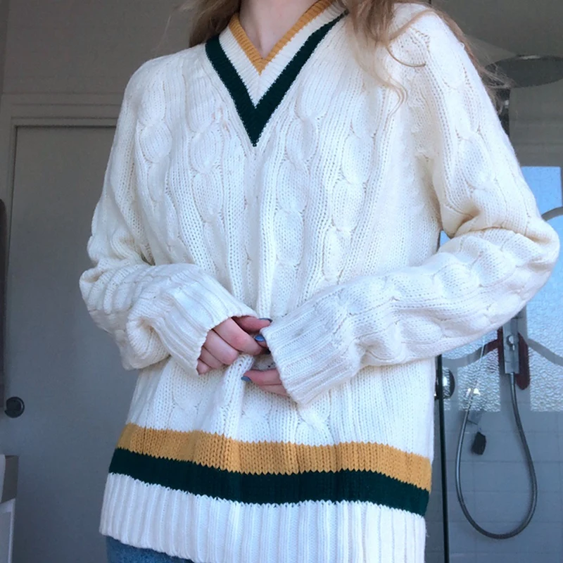 

Women's Fashion V Neck Long Sleeves Color Stripe Pullover Knitted Sweater Fashion Loose Knit Pullover