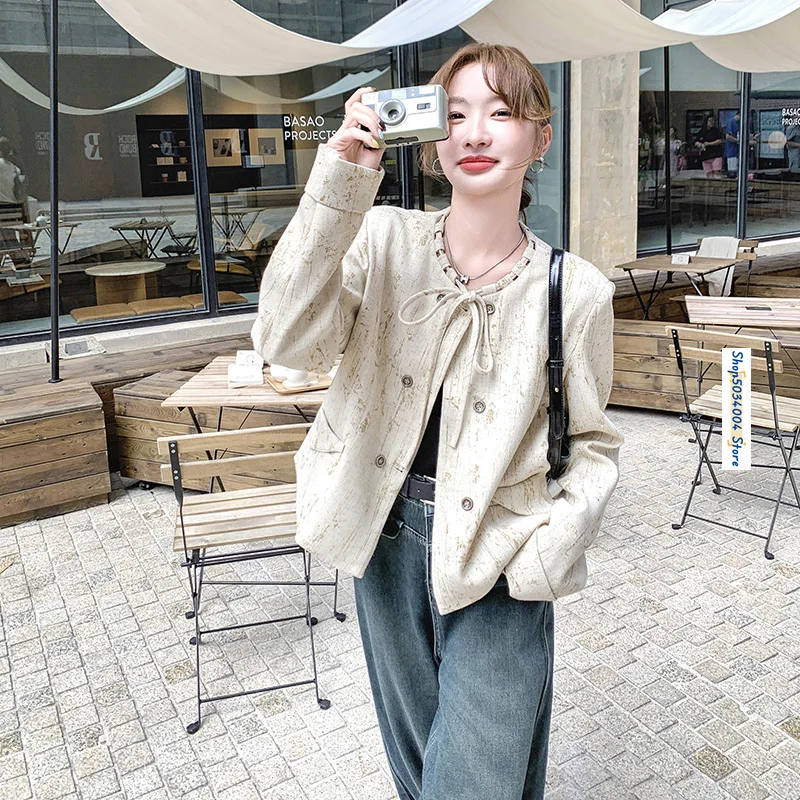 Женская короткая куртка с принтом элегантная шикарная двубортная Повседневная