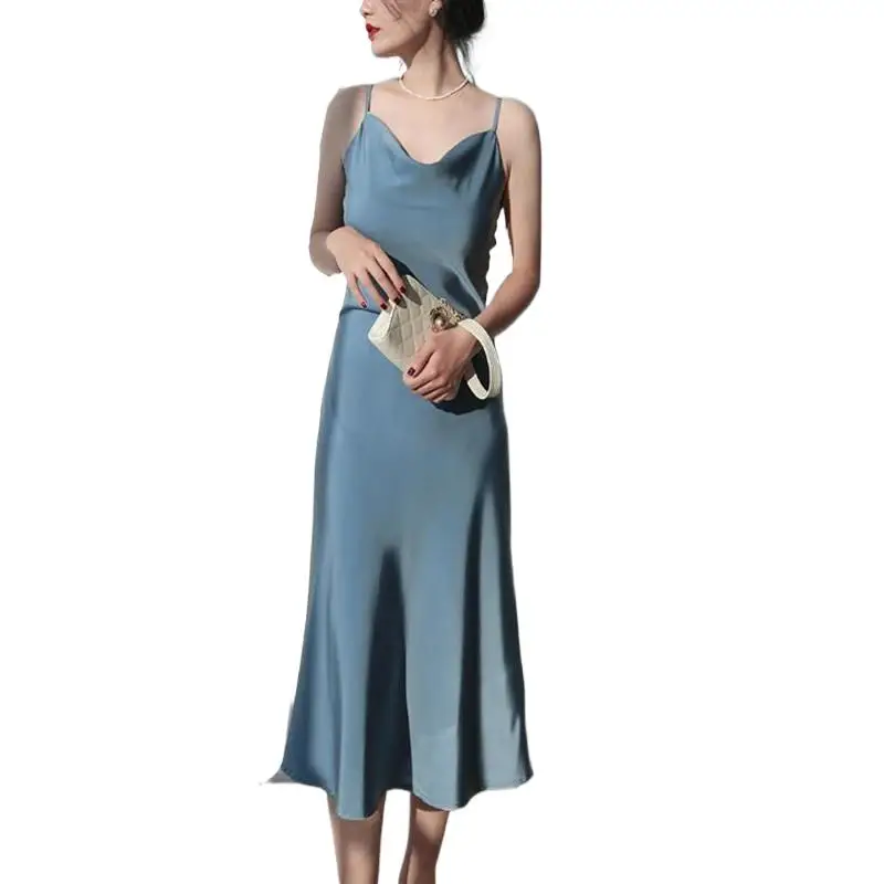 10 colors Women fashion Swinging collar Sexy Strap Sleeveless Ladies party Dress Vestidos Spring elegant Satin long Party