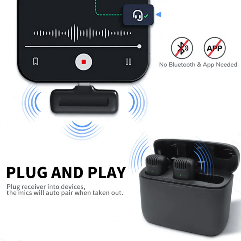 

Mic Noise Reduction Live Interview Mobile Phone Recording Wireless Lapel Microphone Lavalier for iPhone Type C with Charging Box