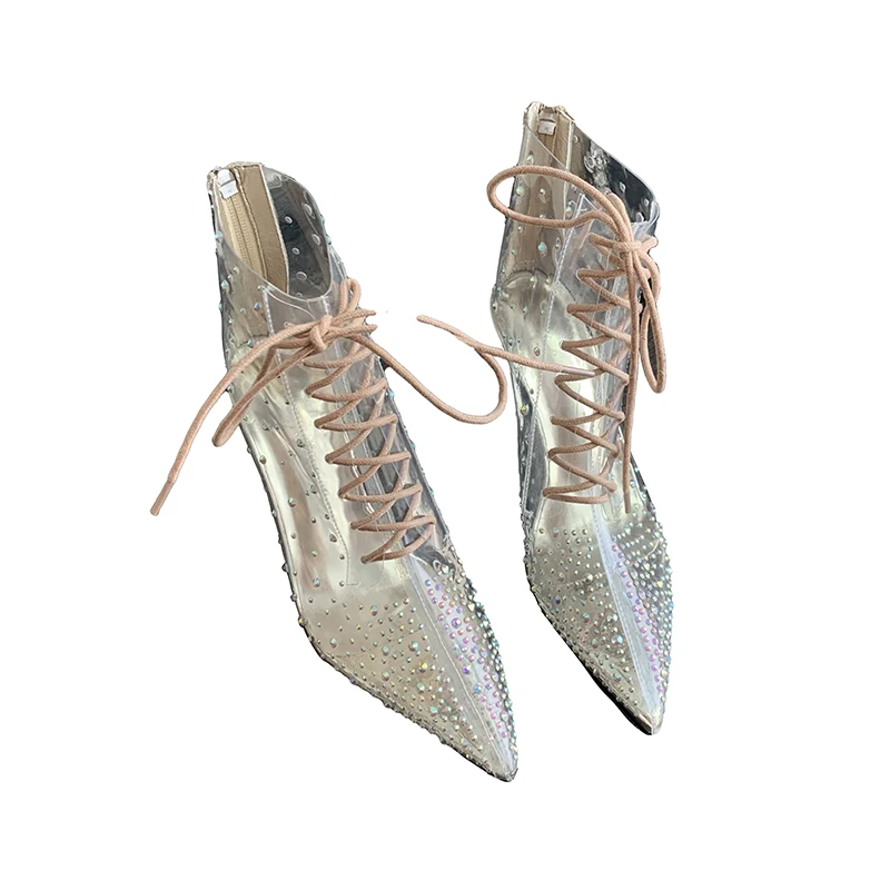 ZOOKERLIN Pointed PVC Rhinestone Zipper Women's Boots Fashion Ankle Boots Black Sexy High Heels Autumn Winter Clear Woman Shoes