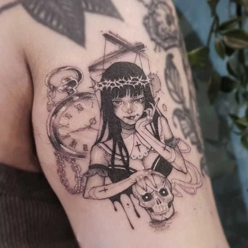 

Sdotter Dark Puppet Witch Waterproof Temporary Tattoo Stickers Female Skull Shackles Horror Art Fake Tattoos Flower Arm Tattoo S