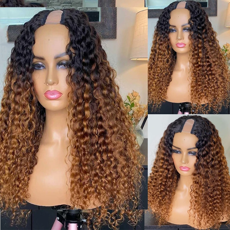 Long 24 inch Highlight Blonde Kinky Curly U Part Wig European Remy Human Hair Wig Glueless Natural  Jewish Soft Wig For Women