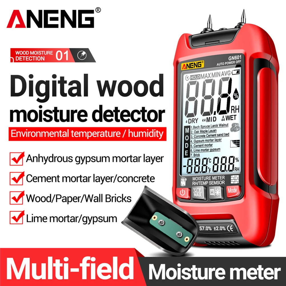 

Цифровой тестер влажности древесины ANENG GN601, измеритель влажности дерева с разными сценами, щуп для измерения температуры, древесины/ангидр...