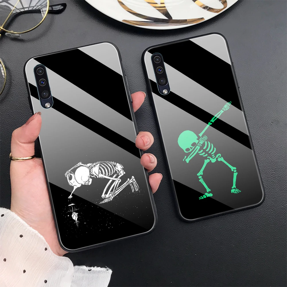 

Funny Skeleton Skull Case for Samsung Galaxy A50 A32 A03 A21 A53 A13 A33 A73 A52 A23 A21S A02 A71 A31 Luminous Glass Cover