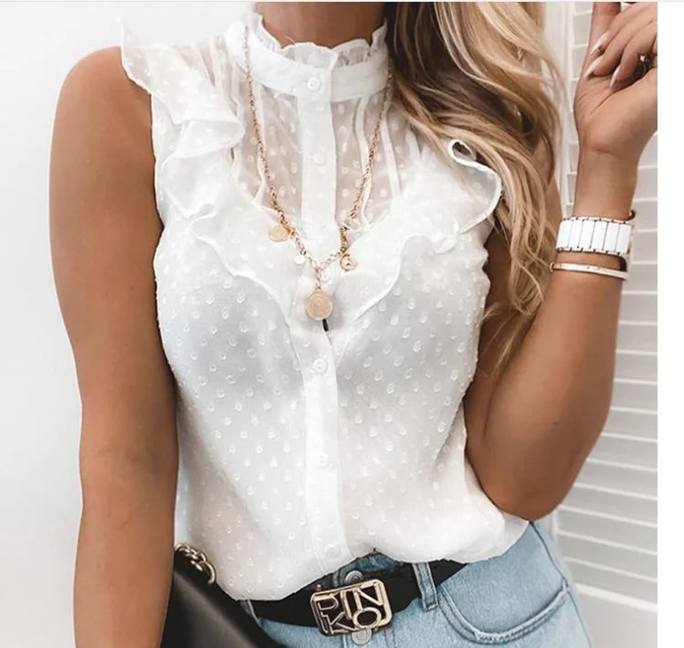 

Women Sexy Lace Polka dot T-Shirt Sleeveless Crew Neck Ruffle collar See-through Tops Spring Fashion White Office Tops Shirts