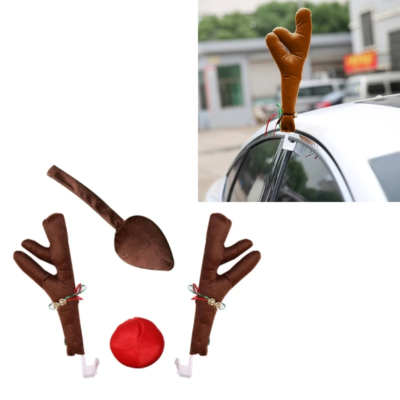 

Christmas Car Sticker Reindeer Antlers & Nose & Tail Xmas Vehicle Costume Kit Elk Nose Horn Window Roof-Top & Grille