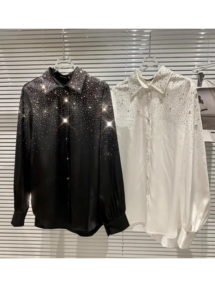 

HIGH STREET Newest Fashion 2023 Designer Blouse Women's Single Breasted Diamonds Beaded Loose Long Sleeve Shirt
