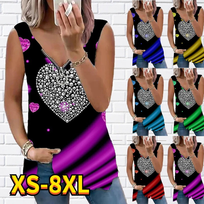 

2022 Women Summer tank tops Loose Zipper sleeveless V-neck print vest summer Sexy Streetwear Fashion plus size Basic pullover