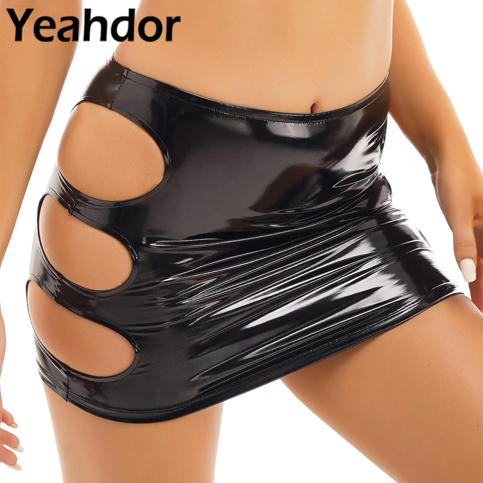 

Womens Latex Patent Leather Miniskirt Solid Color Glossy Sides Cutout Pencil Skirt Nightclub Party Music Festival Dance Costume
