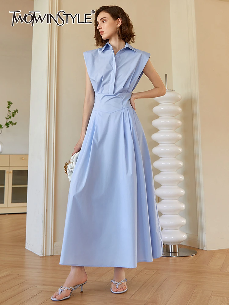 

TWOTWINSTYLE Elegant Blue Tank Dress For Women Lapel Sleeveless High Waist Ruched Solid Midi Dresses Female Clothing Fashion New