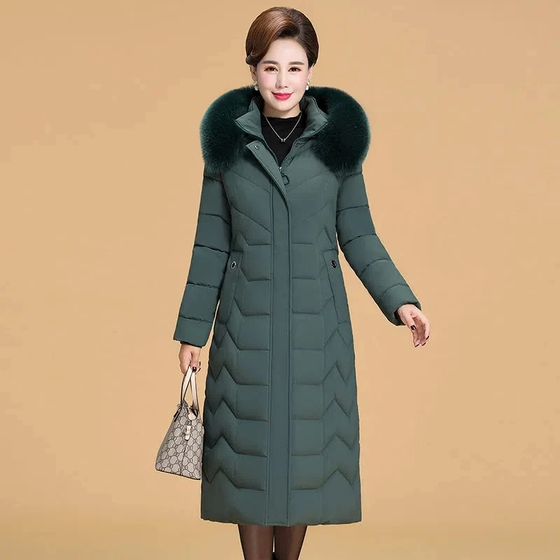 Parkas Women Large Size Long Hooded Thick Down Cotton Jacket Female Fur Collar Warm Middle-aged Mothers Casual Padded Coat Trend