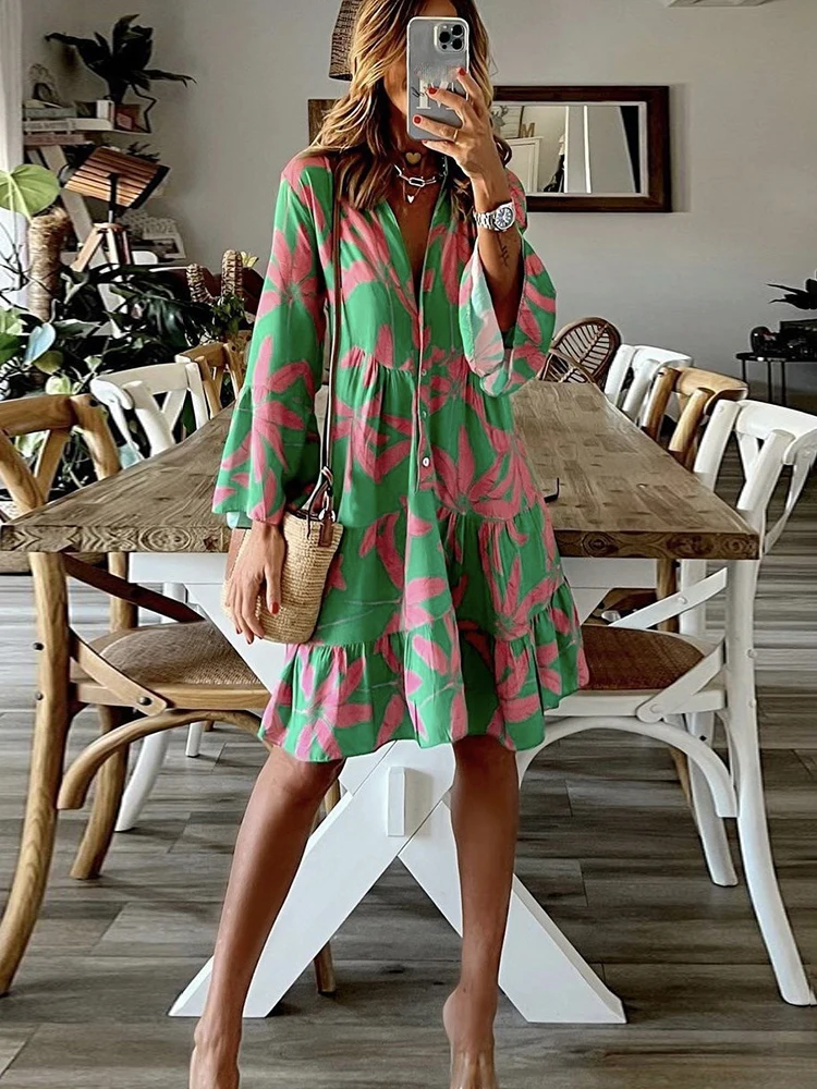 

Elegant Boho Print Dress Women V-neck Flare Sleeve Casual Loose A-line Dress 2023 Spring Ladies Vacation Shirt Dresses Vestidos
