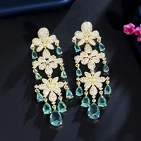 threegraces elegant light green cubic zirconia flower shape long tassel drop earrings for women wedding banquet jewelry er845