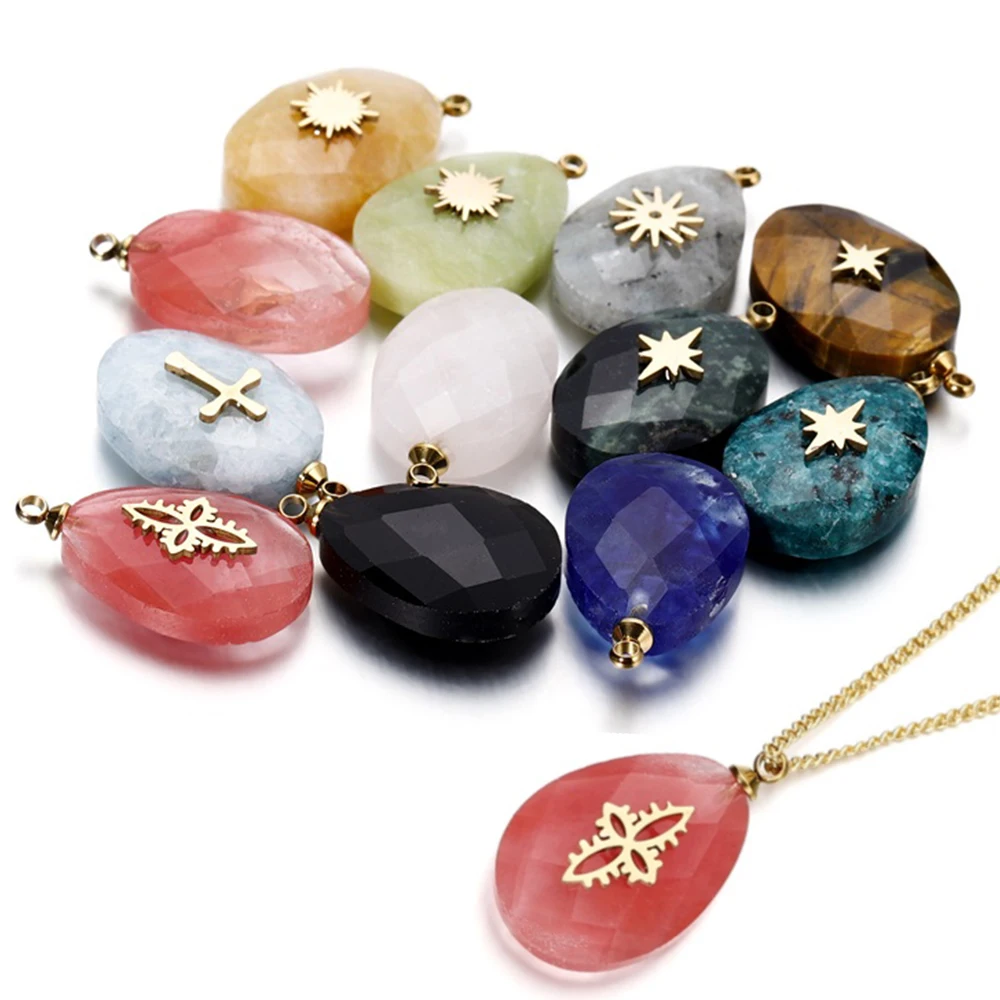 

4Pcs/Lot Waterdrop Stainless Steel and Natural Stone Pendants Necklace Charms for DIY Jewelry Making Findings Accessories