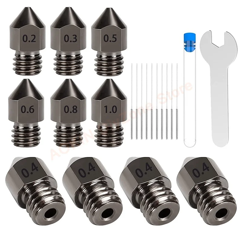 

10Pcs MK8 Hardened Steel Nozzles 0.2mm, 0.3mm, 0.4mm, 0.5mm, 0.6mm, 0.8mm, 1.0mm with Needles and Wrench for Ender 3, CR-10