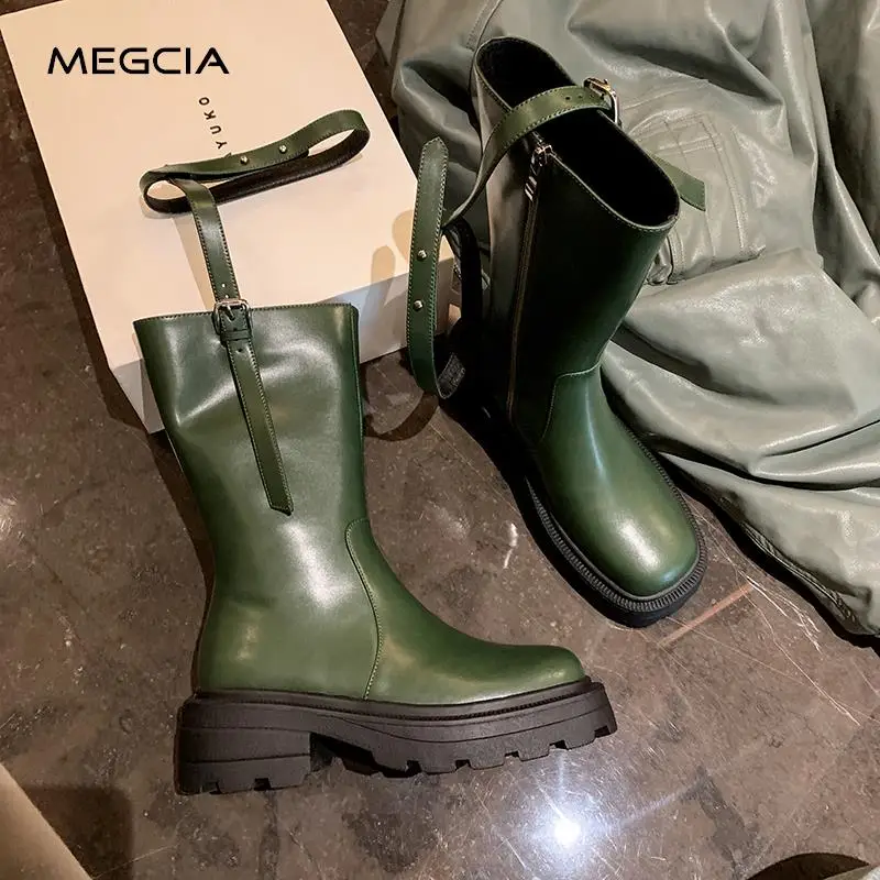 

Женские осенние сапоги MEGCIA из натуральной кожи, Дизайнерские Сапоги до середины икры с застежкой-молнией и ремешком