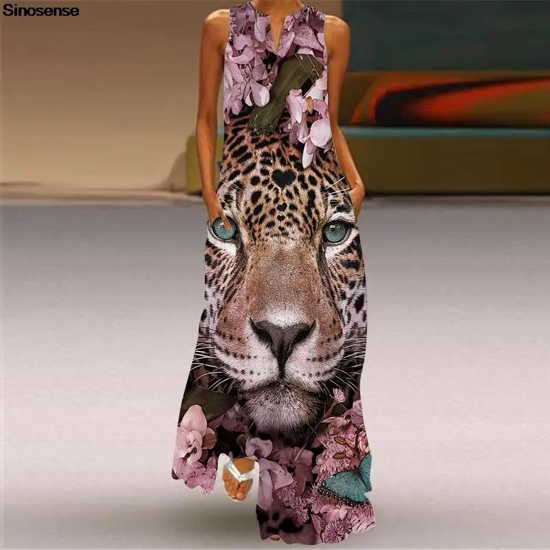 

Women's Summer Tank Long Maxi Dress Pockets Sexy V Neck Sleeveless A Line Loose Dress Leopard Floral Printed Casual Beach Dress