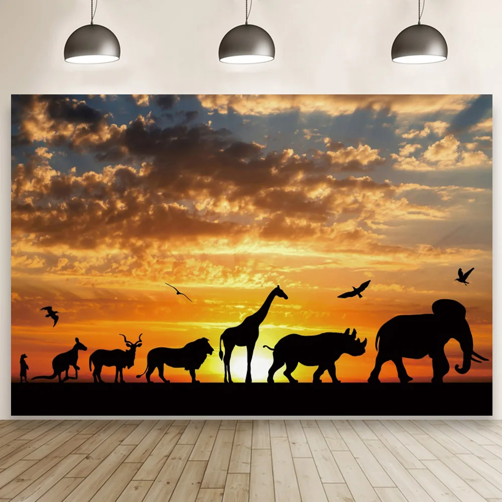 

African Safari Photography Backdrop Tropical Forest Jungle Giraffe Elephant Boys Birthday Party Photo Background Decor Banner