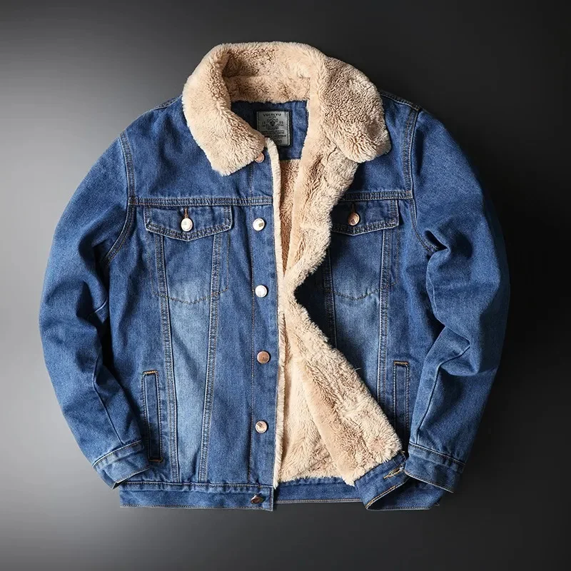 

Зимнее плотное мужское джинсовое пальто, бархатная теплая куртка, модная Повседневная парка из овечьей шерсти в стиле ретро