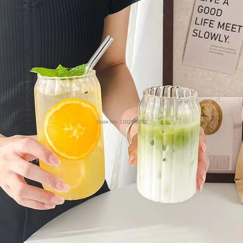 400/500 мл простая стеклянная чашка в полоску с крышкой и соломинкой прозрачная