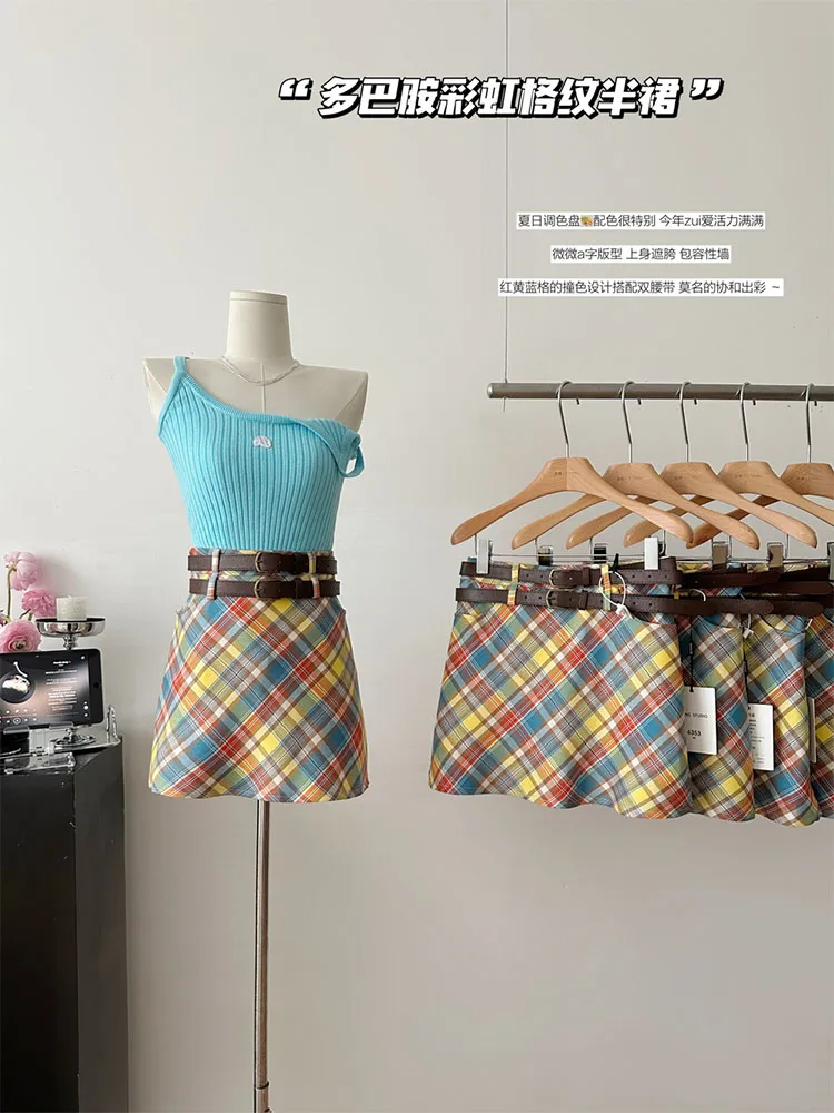 Harajuku Kpop клетчатая юбка Gyaru Клубная одежда Радужная трапециевидная с высокой