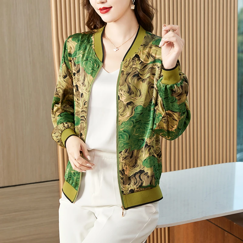 

TingYiLi Spring Autumn Long Sleeve Thin Silk Satin Jacket Women Vintage Polka Dot Printed Coat Korean Style Zip Up Cardigan Top