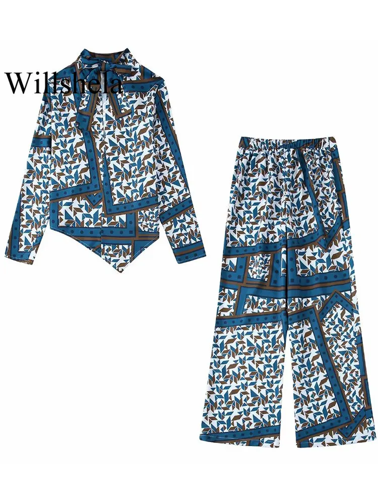 

Willshela Two Piece Set Women Fashion Printed Bow Bandage Shirt Vintage Elastic Waist Trousers Feamle Chic Outfit Pants Sets