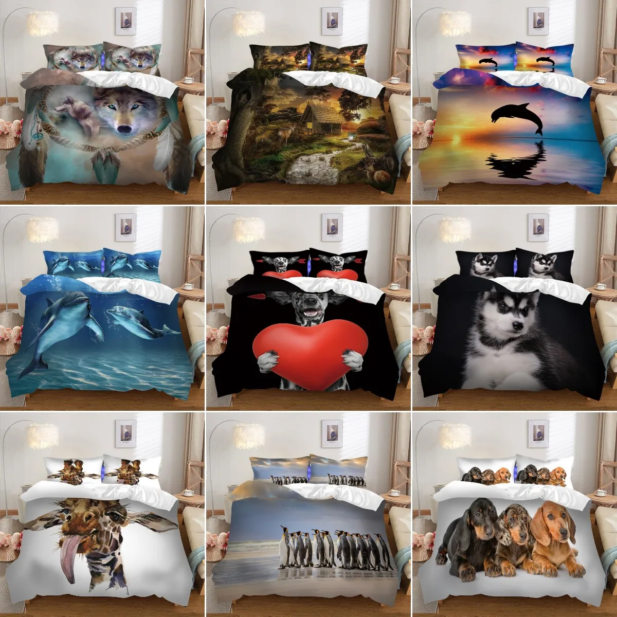 Комплект постельного белья с 3d-изображением животных Дельфина пингвина волка