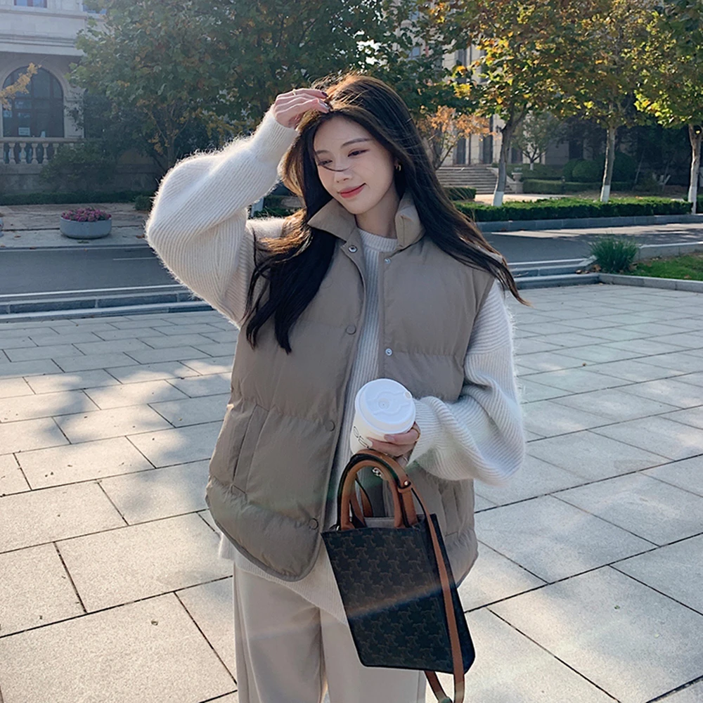 Cotton Vest Coat Autumn And Winter 2021 New Korean Commuter Stand Collar Casual Loose Solid Cotton Vest