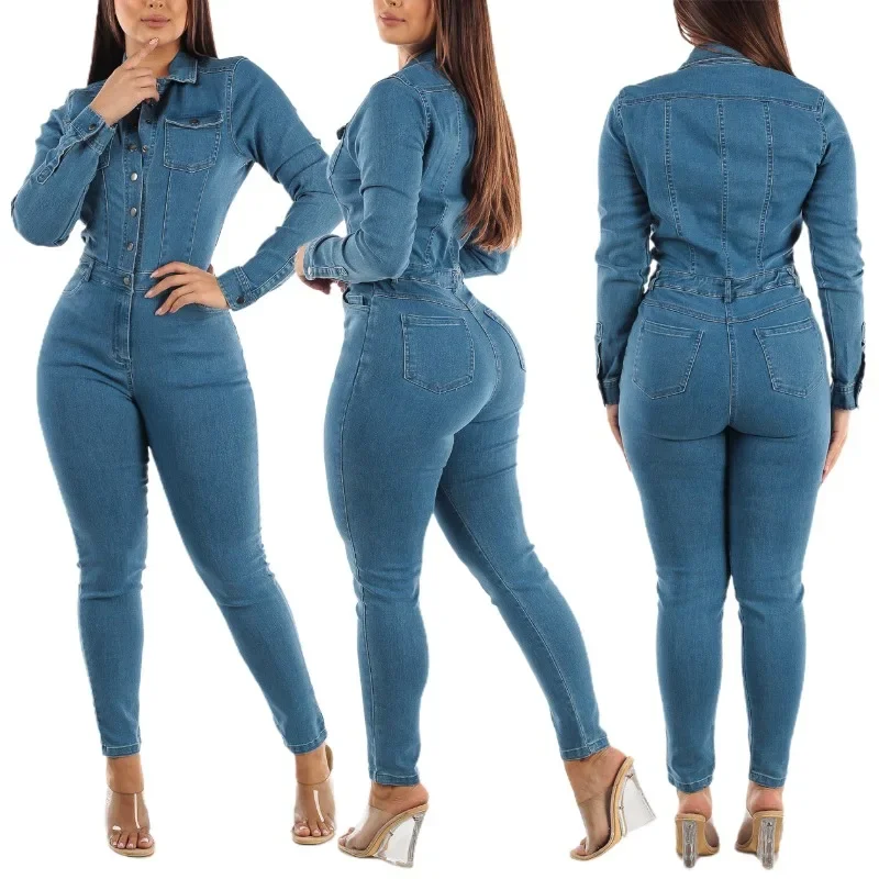 Женский джинсовый комбинезон облегающий эластичный из денима с длинным рукавом