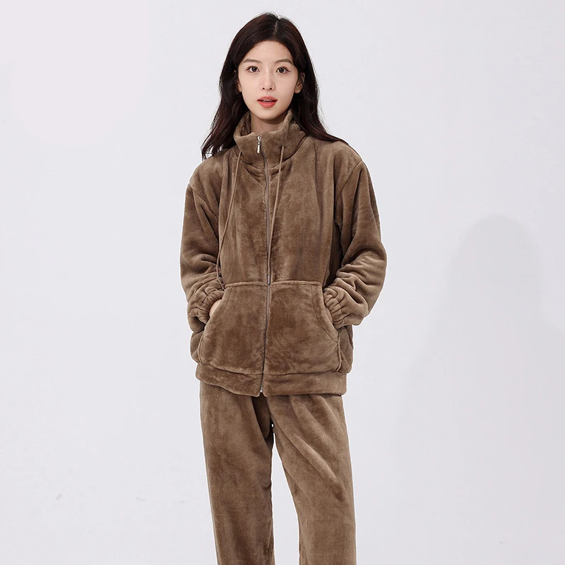 Women's Coral Fleece Pajamas Flannel Lounge Set Soft Pajamas Set Warm Loungewear Outfits Zipper Casual Two-Piece Sleepwear Pjs