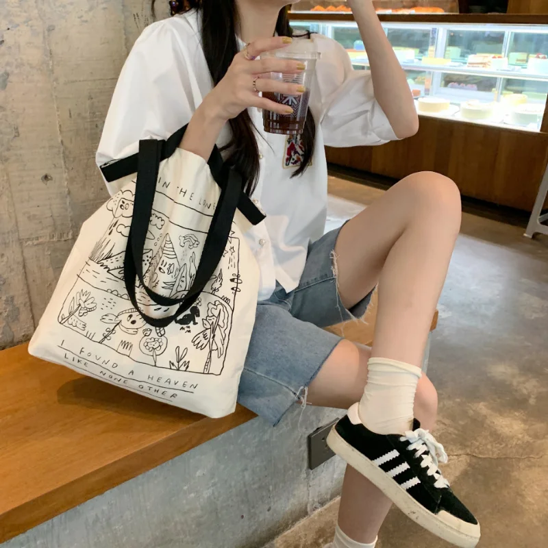 

Холщовая Сумка с граффити для женщин и студентов, модная однотонная дамская сумочка на плечо, ручной тоут