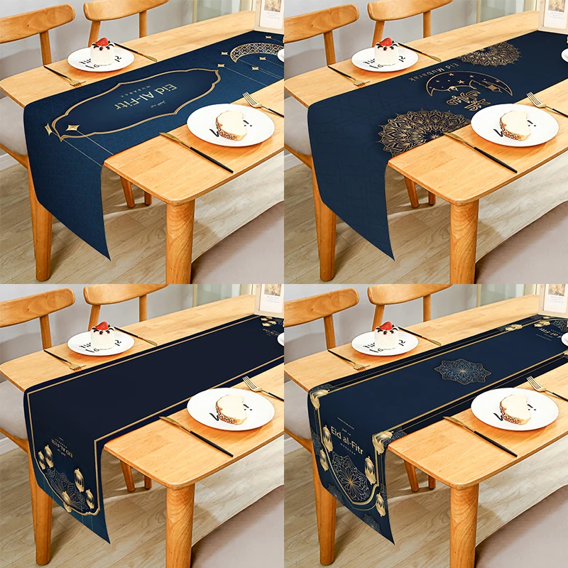 

Eid Ramadan Lantern Mosque Dark Blue Linen Table Runner Cloth Cover Anti-Slip Stain For Home Dinner Celebrate Party Decor