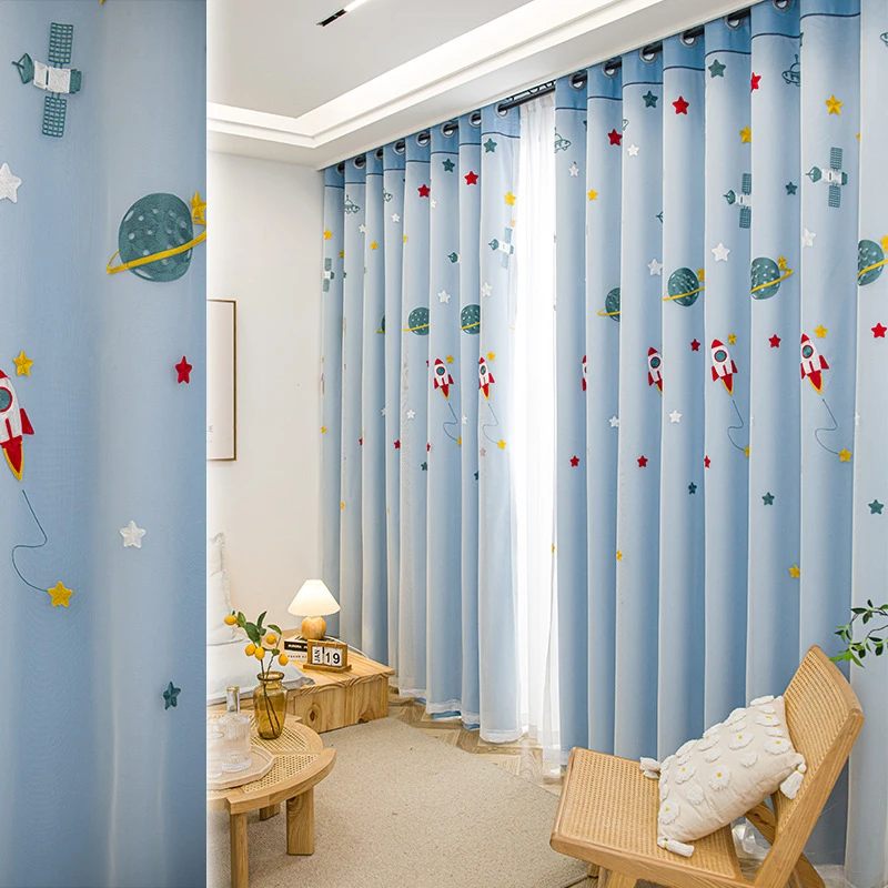

Cartoon Three-Dimensional Towel Embroidered Star Blackout Curtain For Living Room Children's Bedroom Window Double Layer Curtain