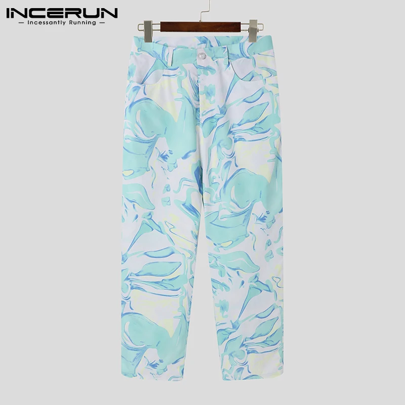 

Men Pants Printed Button Casual Straight Trousers Baggy 2022 Joggers Pockets Streetwear Fashion Pantalones Hombre S-5XL INCERUN