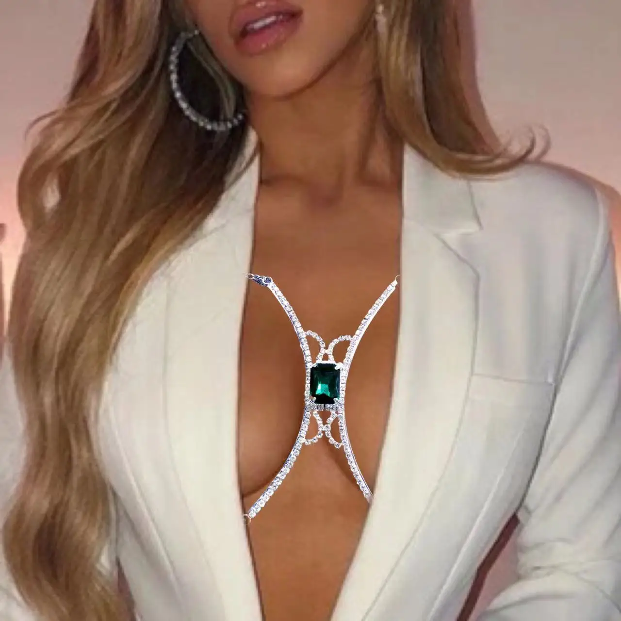 

New sexy Rhinestone green square glass crystal Bra Top Bikini bust high-end one-piece necklace fashion women's body jewelry gift