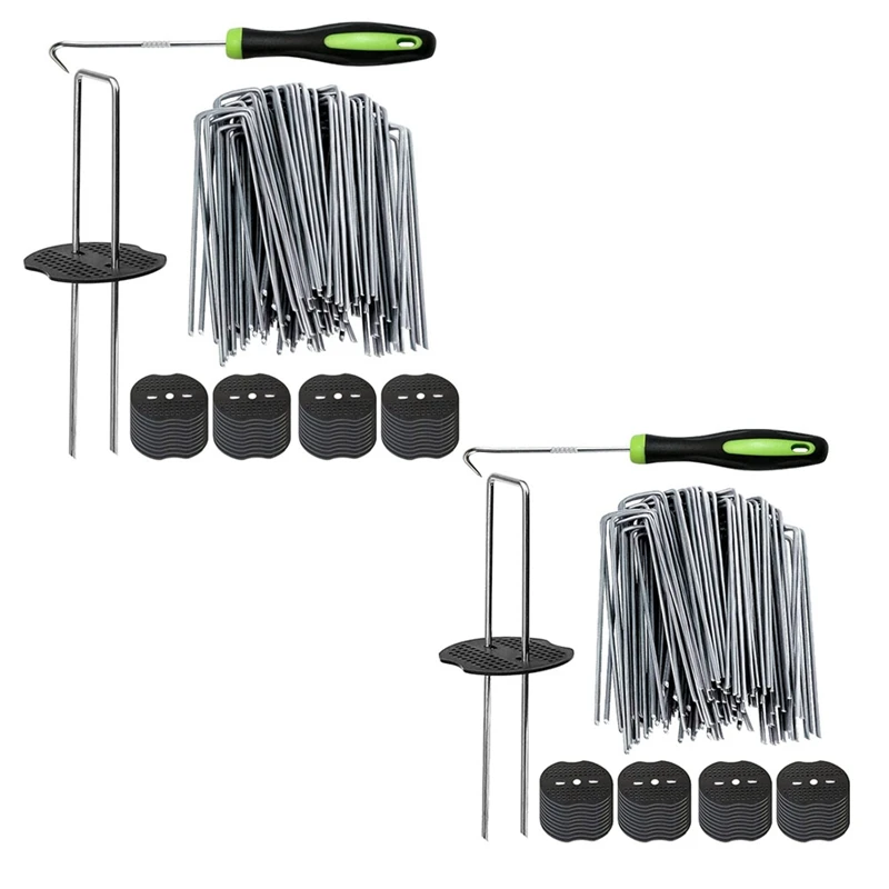 

Garden Stakes Staples + 100Pcs Gasket, 6 Inch Lawn Landscape Staples 11 Gauge U Shaped Galvanized Landscape Pins