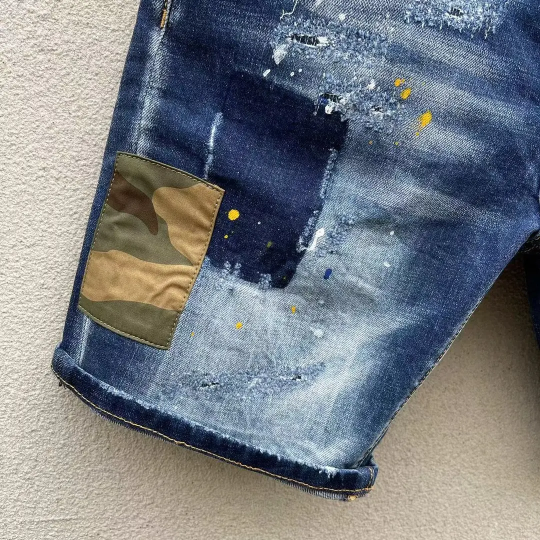 2023 Summer New Distressed Denim Shorts D2 Jeans Fashion Wash Micro Spring Fashion Brand Speckled Ink Capris Men's Slim Fit