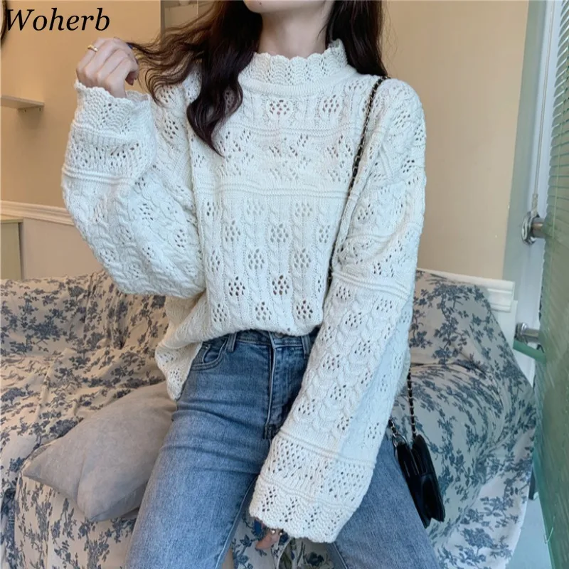 Свитер Женский вязаный Woherb с воротником-хомутом свободный винтажный 4e995 2021 |