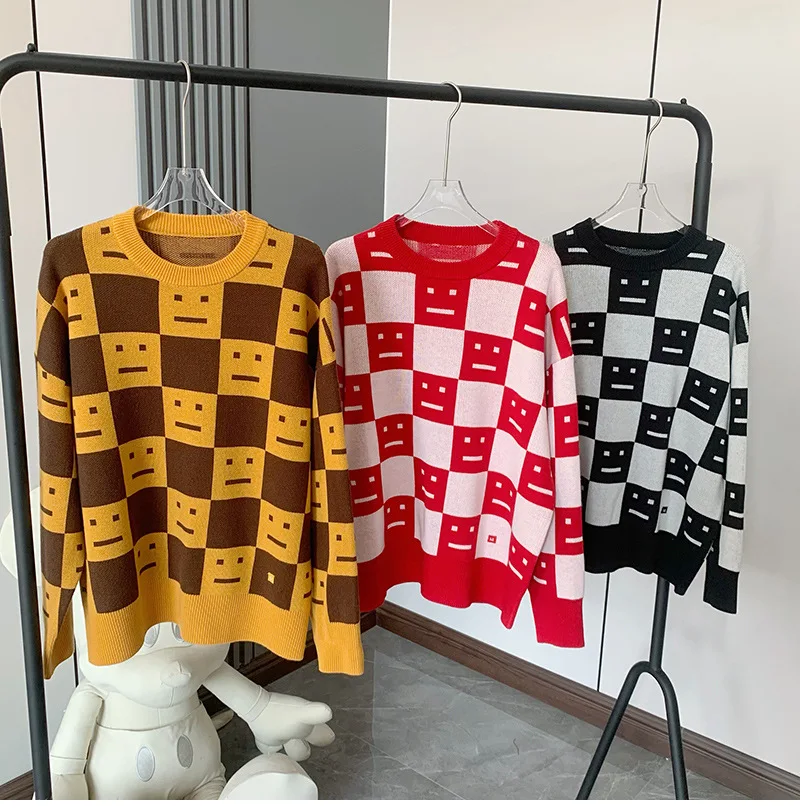 

High Quality Korean Fashion Early Fall 2023 Checkerboard Smiley Knit Sweater Loose Long-sleeved Knit Jacket Trend